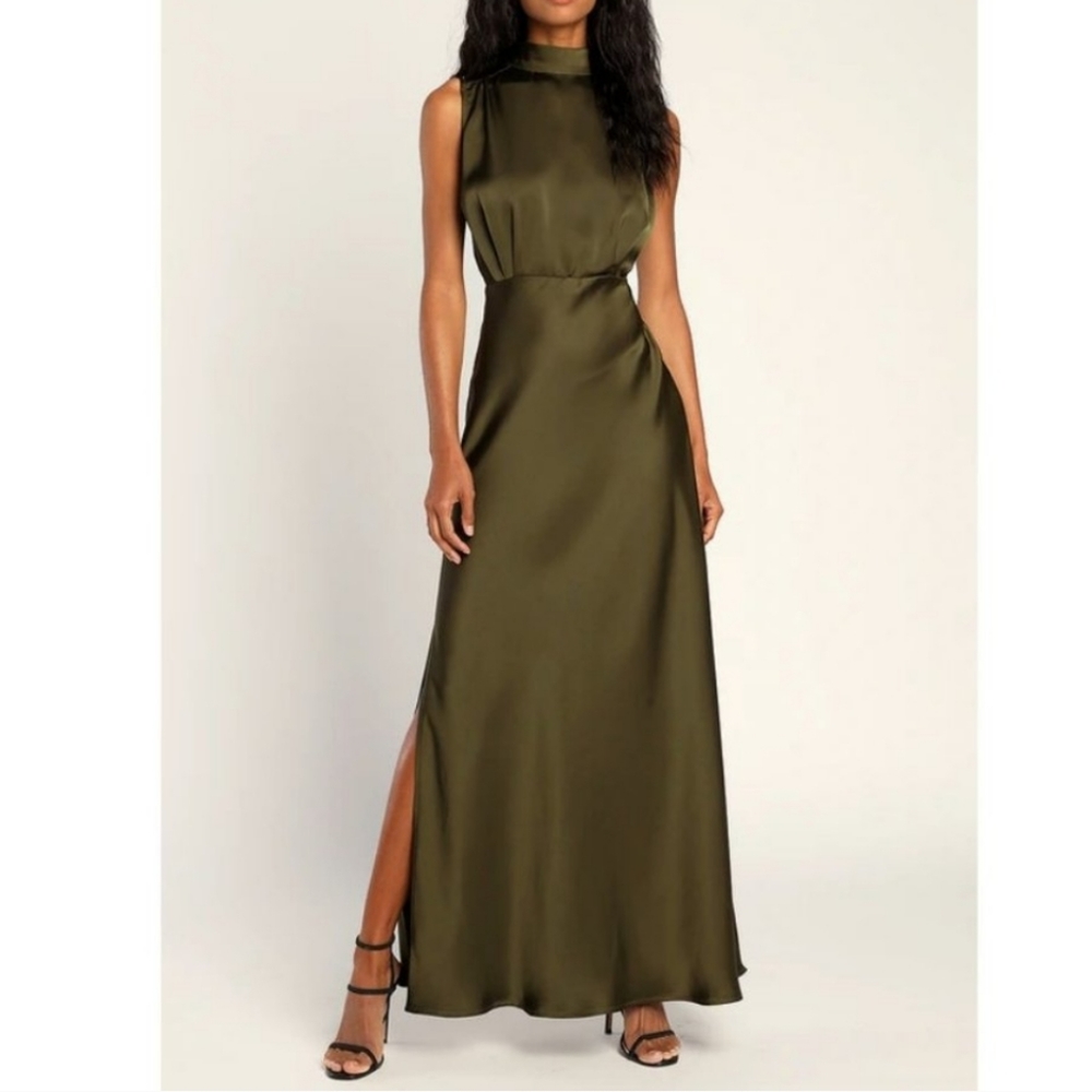 Lulu's Sleeveless High Neck Olive Green Maxi Dress